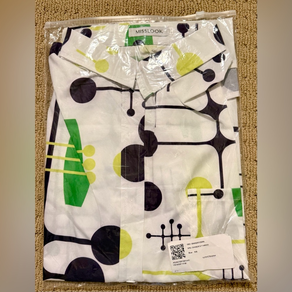 NWT MISSLOOK Cream Geometric Button-Down Shirt, Sz XXL, Orig $60